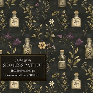 Peut inclure: Un motif sans couture composé d'éléments floraux vert foncé, violet et jaune sur un fond noir. Le motif comprend également un motif répétitif de bouteilles en verre contenant un liquide brun foncé.
