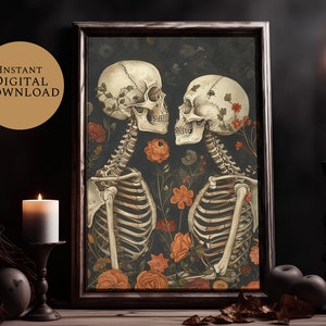 Skeleton Lovers Geschenk für Freundin Moody Wand Art Skeleton Paar Botanische Wand Kunst | Halloween-Wand-Kunst