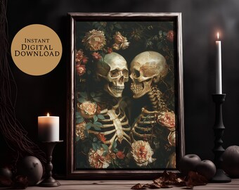 May include: A framed painting of two skeletons embracing, surrounded by lush flowers and greenery. The skeletons are depicted with realistic detail, and their expressions are both loving and melancholic. The painting is set against a dark background, which adds to its dramatic effect.