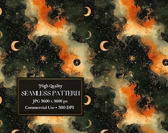 May include: A seamless pattern featuring a swirling, abstract design with orange, black, and white colors. The pattern includes crescent moons and stars, creating a celestial theme.