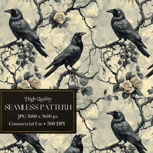May include: A seamless pattern featuring black crows perched on bare branches with white roses. The background is a light grey with a subtle marbled texture. The text "High Quality Seamless Pattern" is displayed in a black frame.
