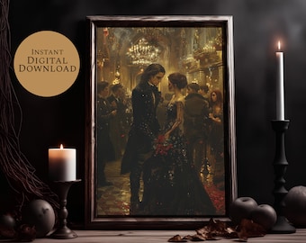 May include: A framed painting of a couple dancing in a grand ballroom. The man is wearing a black suit and the woman is wearing a black gown with red flowers. The painting is set against a backdrop of gold and white decorations.