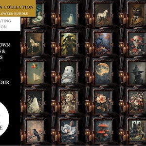 May include: A collection of 18 gothic and Halloween themed digital art prints in black frames. The prints feature various images, including a skull, a ghost, a unicorn, a cat, a bat, a moon, and flowers. The text "DARK ACADEMIA COLLECTION" and "GOTHIC ART & HALLOWEEN BUNDLE" is at the top of the image.