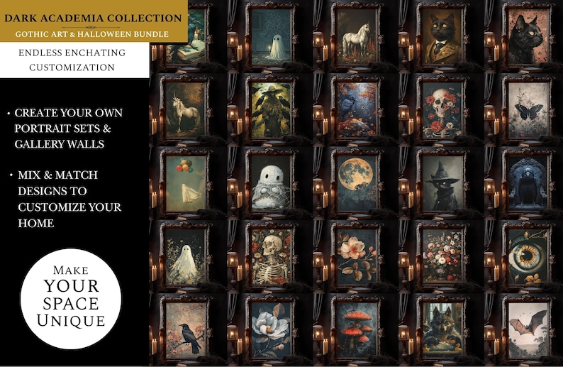May include: A collection of 18 gothic and Halloween themed digital art prints in black frames. The prints feature various images, including a skull, a ghost, a unicorn, a cat, a bat, a moon, and flowers. The text "DARK ACADEMIA COLLECTION" and "GOTHIC ART & HALLOWEEN BUNDLE" is at the top of the image.