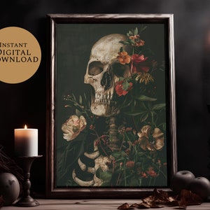 Cráneo estampado floral arte espeluznante decoración caprichosa impresión digital digital / arte de la pared decoración gótica del hogar pared gótica gótica / decoración arte de la pared imagen 1