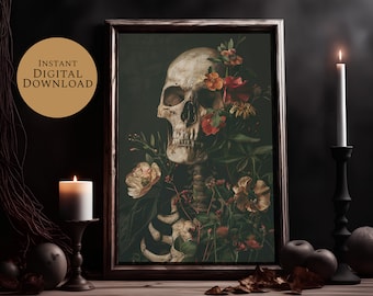 May include: A framed print of a skull with flowers and foliage. The skull is white and the flowers are red, pink, and yellow. The background is dark green.