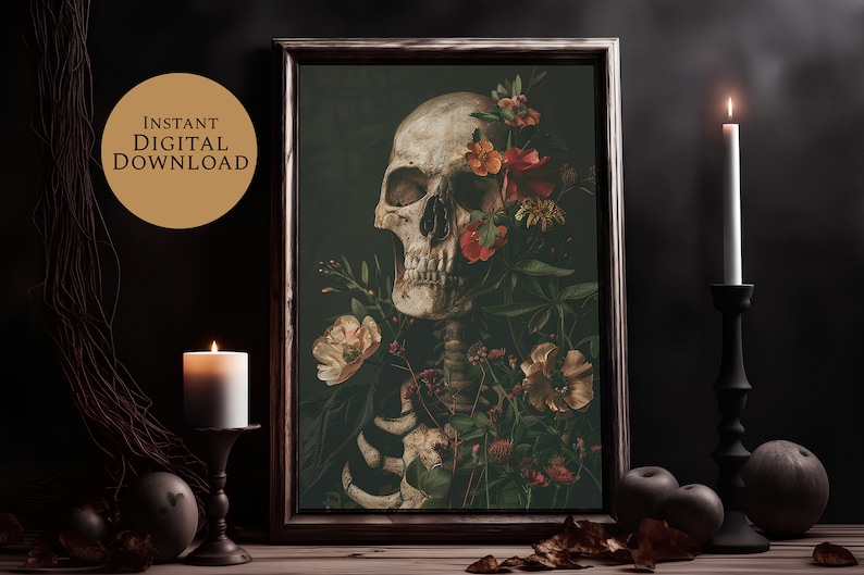 Cráneo estampado floral arte espeluznante decoración caprichosa impresión digital digital / arte de la pared decoración gótica del hogar pared gótica gótica / decoración arte de la pared imagen 1
