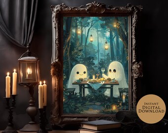 May include: Two friendly ghosts are having a picnic in a forest setting. They are sitting at a table with plates of food and drinks. The scene is lit by lanterns hanging from the trees and glowing fireflies.