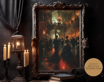 May include: A framed painting depicting a grand ballroom scene with people in formal attire dancing under a chandelier. The painting is set against a dark background with a hint of red in the floor.
