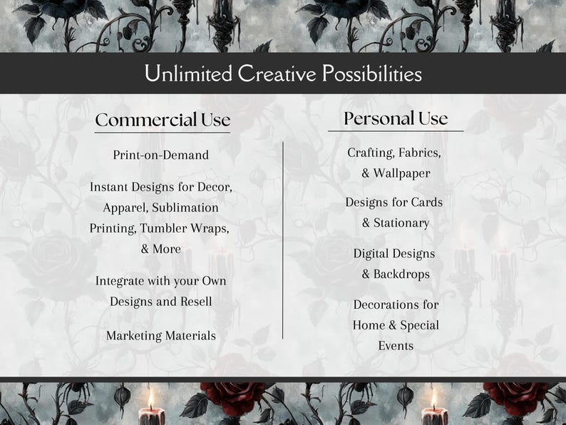 Dark Gothic Seamless Pattern With Victorian Candles And Roses For Halloween Seamless Pattern Pattern File Digital Wallpaper - Commercial Use image 2