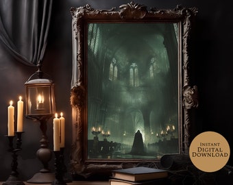 May include: A digital download print featuring a gothic cathedral scene reflected in a decorative, ornate framed mirror. The image has a dark, moody aesthetic with lit candles and a lantern. The text "INSTANT DIGITAL DOWNLOAD" is on the bottom right.