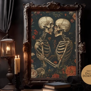 Skelett Paar | Botanische Drucke Geschenk für | Freund Digitale Wand Kunst Vintage Poster | Digitale Kunst Drucke Gothic Art Pastel Goth