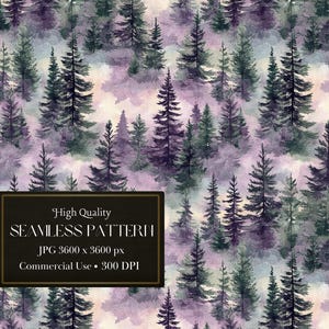 Peut inclure: Motif sans couture représentant une forêt en aquarelle avec des arbres violets et verts. Les arbres sont en silhouette sur un fond doux et brumeux.