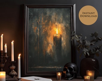 May include: A dark, moody painting of a single candle burning in a dark room. The candle is tall and white, with a yellow flame. The background is a dark, textured surface with streaks of orange and yellow paint. The painting is framed in a dark wood frame.