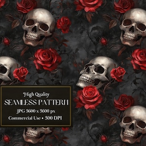 Puede incluir: Un patrón sin costuras con calaveras y rosas rojas sobre un fondo oscuro. Las calaveras son blancas con cuencas de ojos negras y están rodeadas de rosas rojas con hojas verdes. El fondo es gris oscuro con una textura sutil.