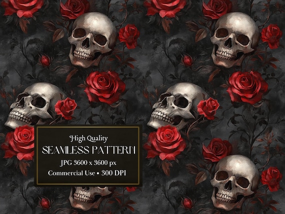 Dark Gothic Skulls With Red Roses Seamless Pattern For Halloween Digital Paper And Digital Dark Floral Seamless File - Commercial Use