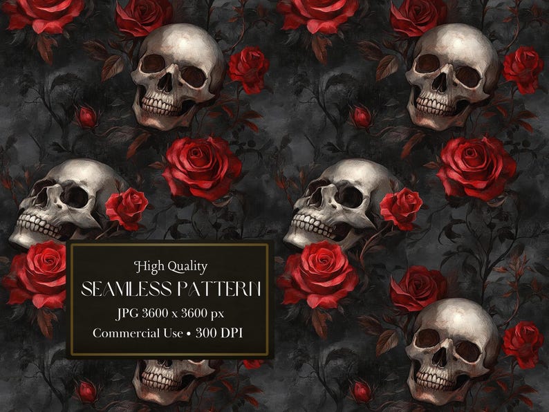 Dark Gothic Skulls With Red Roses Seamless Pattern For Halloween Digital Paper And Digital Dark Floral Seamless File - Commercial Use image 1