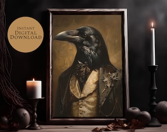 Raven Print Raven Oil Painting Gothic Painting, Oil Painting Victorian Wall Art, Halloween Decor Victorian Print