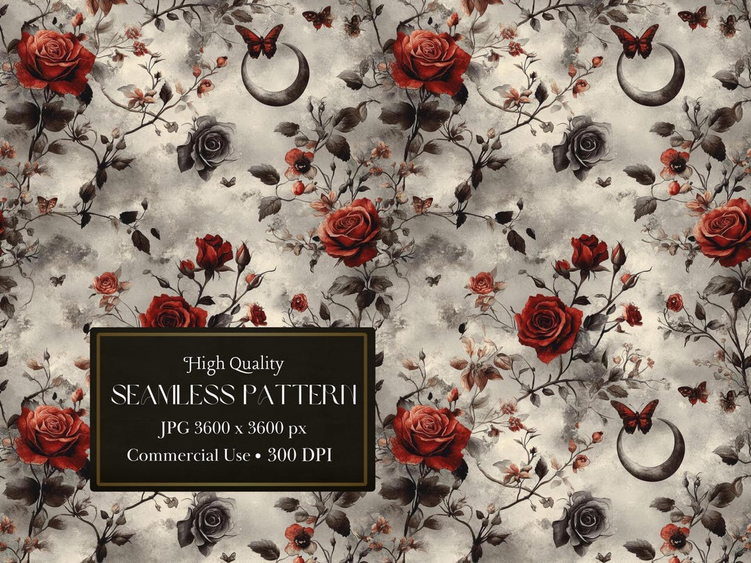 Dark Floral Seamless Pattern With Red Roses Butterflies and Crescent ...