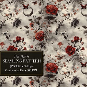 May include: A seamless pattern featuring red roses, butterflies, and crescent moons on a light gray background. The design is reminiscent of a gothic or Victorian aesthetic.