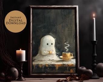 Fantôme avec café foncé Art déco cadeau pour amateur de café, effrayant effrayant mignon art gothique sombre art mural sombre, impression d'art, peinture à l'huile