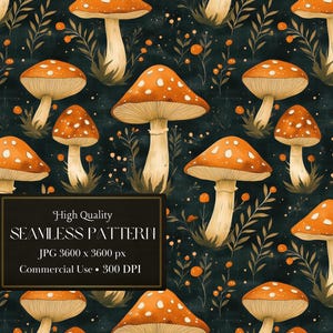 Carta da parati a forma di fungo magico con atmosfera da strega della foresta cottagecore scura, motivo senza soluzione di continuità con agarico di mosca per la foresta della stregoneria digitale - uso commerciale