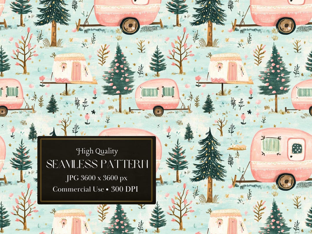 Vintage Woodland Camper Seamless Pattern With Christmas Trees and ...