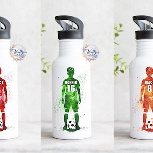 May include: Three white stainless steel water bottles with black lids and a colourful watercolour design of a football player with a football. The bottles have the names Reece, Ronnie, and Issac with their corresponding jersey numbers 5, 16, and 8.