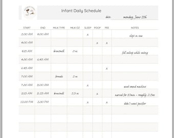 May include: A printable infant daily schedule log with columns for start time, end time, milk type, milk ounces, sleep, poop, pee, and notes. The schedule is filled out for Monday, June 11th, with details about the baby's feeding, sleep, and other activities.