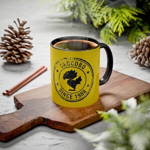 Chocobo Mug, Vintage Stamp Coffee Mug, RPG Gamer Mug, Yellow Accent Mug, Geek Gamer Gift, Ceramic Coffee Cup