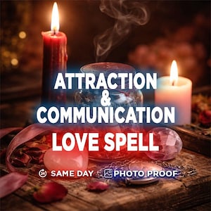 May include: A glass jar filled with herbs and items, flanked by a tall red candle and a shorter white candle. The text reads ATTRACTION & COMMUNICATION LOVE SPELL, 24 SAME DAY, and PHOTO PROOF. A pink heart-shaped stone and a silver chain are present.
