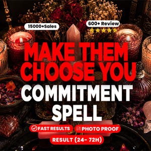 Puede incluir: Una escena oscura y atmosférica con velas rojas en portavelas de vidrio texturizado, flores secas y una punta de cristal central. El texto superpuesto dice: 15000+Sales, 600+ Review, MAKE THEM CHOOSE YOU COMMITMENT SPELL, FAST RESULTS, PHOTO PROOF, RESULT (24- 72H).