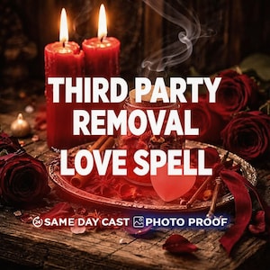 May include: A still life arrangement featuring two lit red candles, a glass jar with a cork stopper, and red roses. The text "THIRD PARTY REMOVAL LOVE SPELL" is prominently displayed. A heart-shaped object and keys are also present.