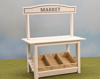 Stand de marché saisonnier à l'échelle 1:12 avec caisses - enseigne personnalisée disponible - 5 pouces de haut