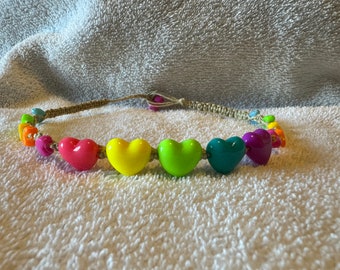 Handmade natural Hemp necklace with Rainbow Heart Beads  -hippy boho surfer macrame