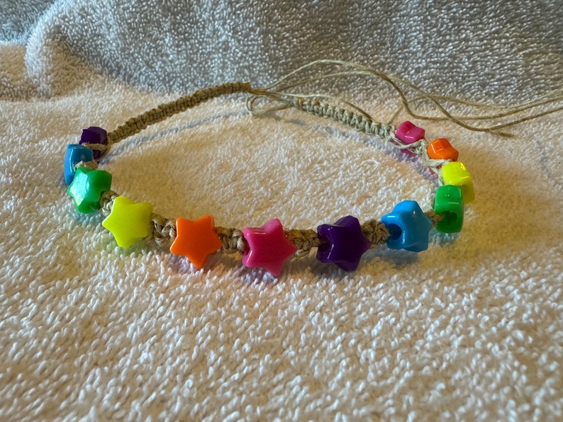 Handmade Natural Hemp necklace with Rainbow Star Beads hippy boho surfer macrame image 1