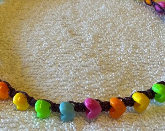 Handmade Purple Hemp necklace with Rainbow Heart Beads  -hippy boho surfer macrame