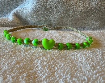 Handmade natural Hemp necklace with Green Heart Beads  -hippy boho surfer macrame
