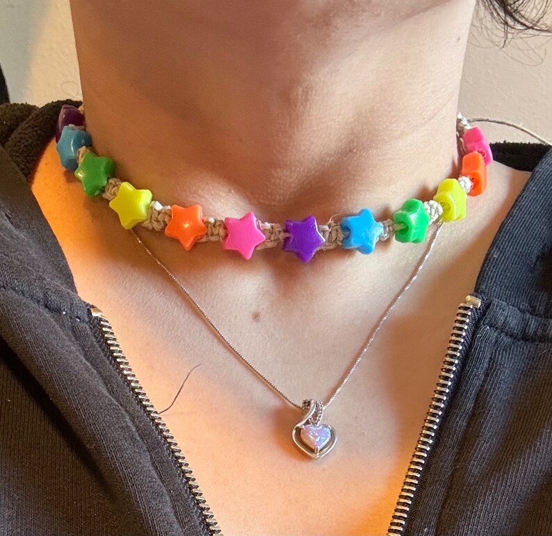 Handmade Natural Hemp necklace with Rainbow Star Beads hippy boho surfer macrame image 5