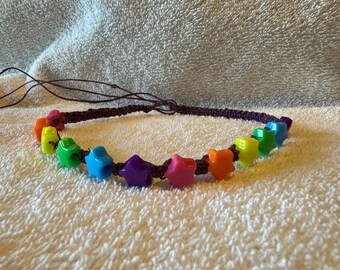 Handmade Purple Hemp necklace with Rainbow  Star Beads  -hippy boho surfer macrame