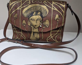 Hand-Painted Leather Handbag: Art Nouveau Mushroom Lady, Wearable Art