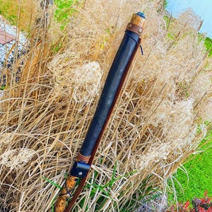 Outdoor Survival Walking Staff with USB Rechargeable O-Light, Firesteel, Paracord, Leather Pouch, Compass, and Morse Code Coin!