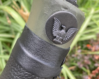Army Green Outdoor Survival Walking Staff with USB Rechargeable O-Light, Firesteel, Paracord, Leather Pouch, Compass, and Morse Code Coin!