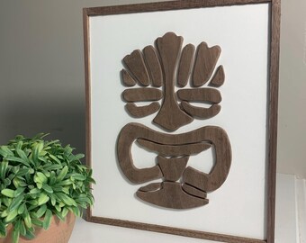 Handmade Tiki Art Wood Wall Art Beach Decor Hanging Decor Black Walnut Wood grain Unique Home Gift Modern Art