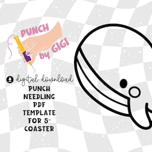Può includere: Illustrazione in bianco e nero a linee di un sottobicchiere da 12,7 cm di diametro con un design circolare. Il testo "Punch Needling PDF Template for 5" Coaster" è sotto l'immagine. Il testo "Punch by Gigi" è in lettere rosa e viola sopra l'immagine.