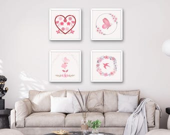 Romantische Wand Kunst Pastellfarben Vogel Blume Schmetterling Herz Design 4 Stück Printable Decor