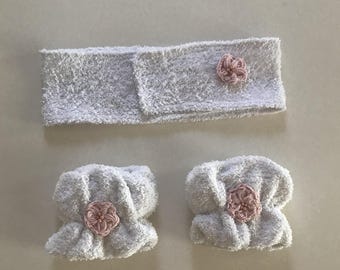Frottee Baumwolle Stirnband und Armband Set mit rosa Häkelblume, Handtuch Spa Hautpflege