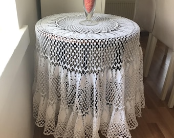 Handgemachte Häkeldecke: 165cm, Creme Weiß, Vintage Decor