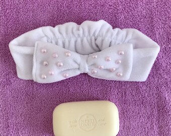 Polar Fleece Stirnband mit Pink Pearl Bow: Elastisches Spa Stirnband