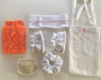 Handmade Spa Set: Häkelschwamm, Handtuch Armbänder, Stirnband & Wash Pad